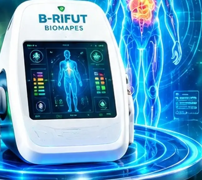 Ilustración de campaña: Bioscáner Vital junto a una silueta holográfica del cuerpo